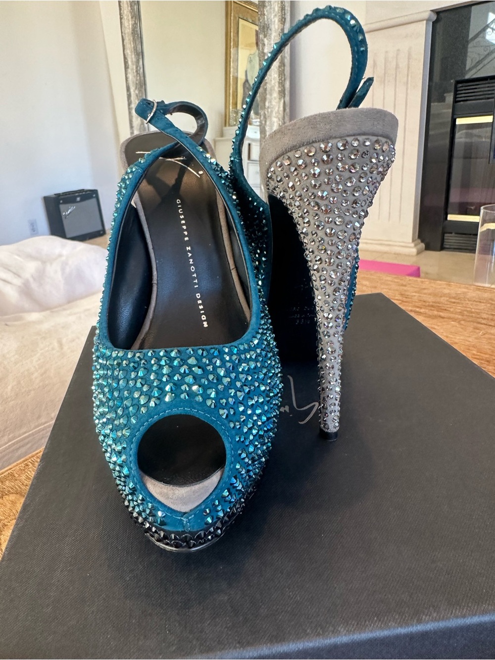 Giuseppe Zanotti Laguna/silver Swarovski Crystal Slingback Platform Heels 38.5 - Picture 9 of 12